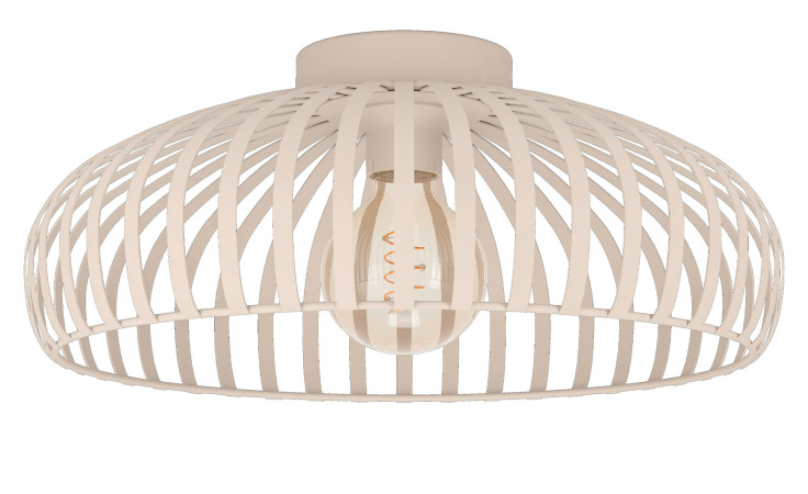 Deckenleuchte Mogano 3, beige, mit offenem Käfig-Metallschirm und sichtbarem Leuchtmittel, Ø 43 cm.