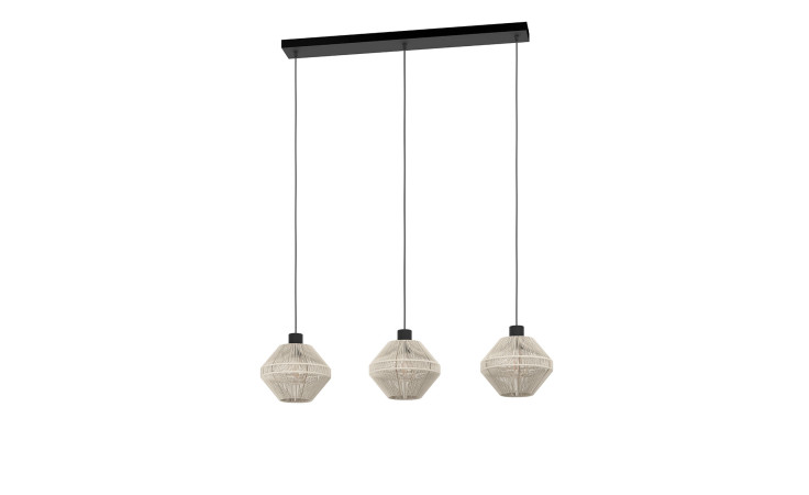 Die Pendelleuchte Midsumer 92 cm besteht aus drei geometrischen Glaspendeln mit Schwarz Metall auf einer schwarzen Deckenhalterung.