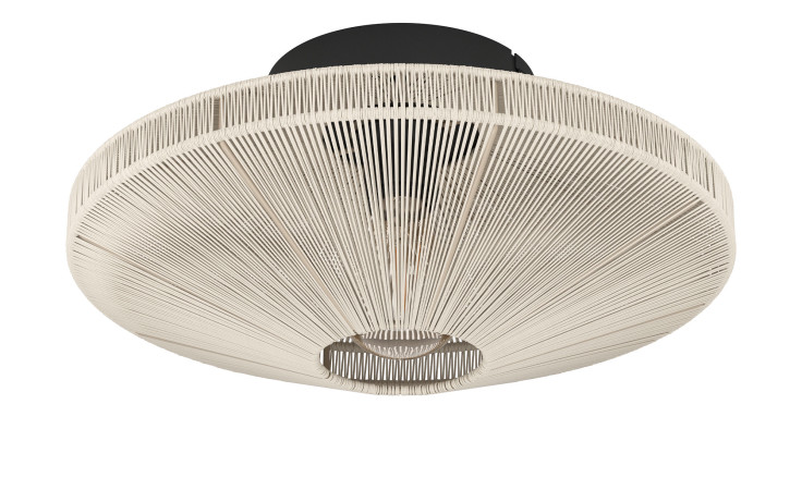 Die Deckenleuchte Midsumer 38 cm hat einen runden gewebten beigen Schirm und einen eleganten schwarzen Metallsockel.