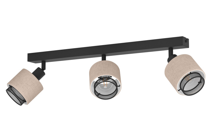 Die Spots Rosley 43 cm ist eine schwarze Stromschienenleuchte mit drei verstellbaren beigen und schwarzen zylindrischen Strahlern, die teilweise montiert sind.