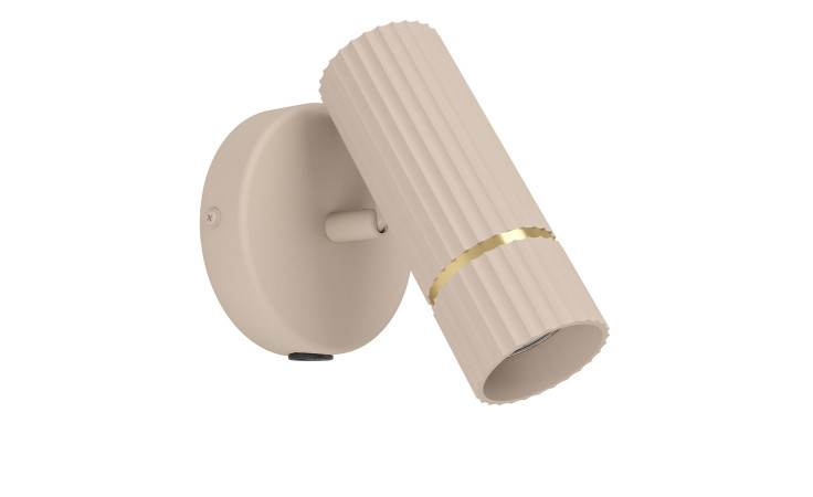 Wandleuchte Caminia 11 cm: moderne beige Wandleuchte mit geripptem Metallschirm, Goldakzent & rundem Sockel; Leuchtmittel inkl..