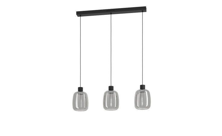 LED-Pendelleuchte Molochio-Z 88 cm mit drei Glasschirmen und Metallakzenten, aufgehängt an einer schwarzen Deckenhalterung.