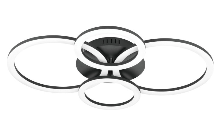 LED-Deckenleuchte Parrapos-Z 61,5 cm mit vier verbundenen LED-Ringen aus schwarzem und weißem Metall, von unten.