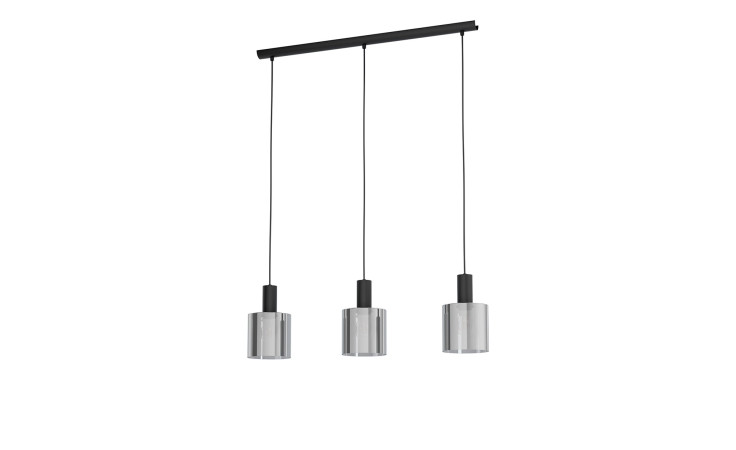 Die Hängeleuchte Gorosiba 85 cm besteht aus drei modernen zylindrischen Glasanhängern mit Metallakzenten auf einer schwarzen Fassung.