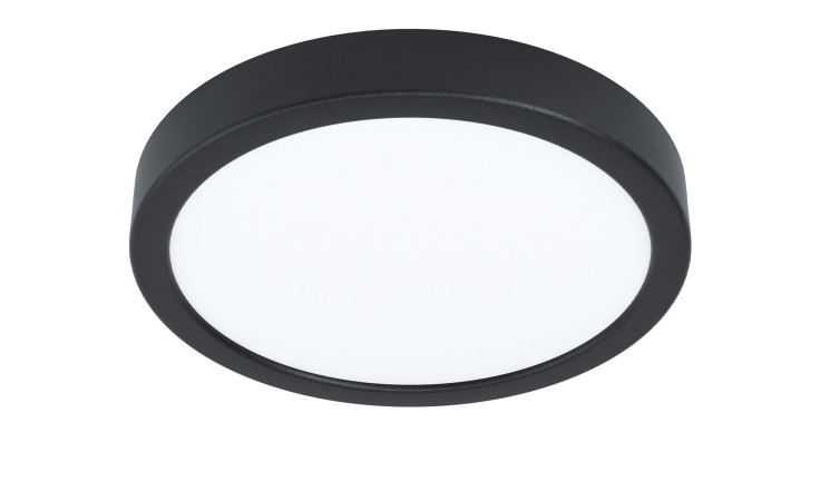 Die LED-Deckenleuchte Fueva 5 21 cm hat ein schlichtes, rundes Design aus schwarzem und weißem Metall, das von unten auf weiß gezeigt wird.