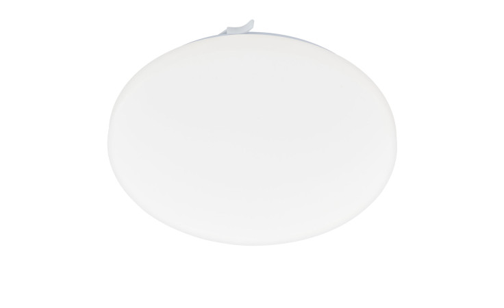 Eine runde, weiße LED-Deckeneleuchte Frania 28 cm mit einer kleinen oberen Lasche, abgebildet auf einem schlichten weißen Hintergrund.