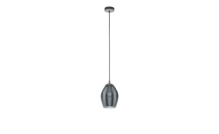 Die Hängeleuchte Estanys 19 cm hat modernes graues Glas mit Metallakzenten und eine lange schwarze Schnur.