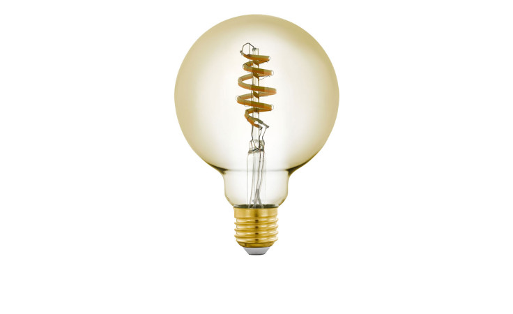 LED-Leuchtmittel 12244 E27: runde Glühbirne im Vintage-Stil mit spiralförmigem Glühfaden, Effizienzklasse G, weißer Hintergrund.