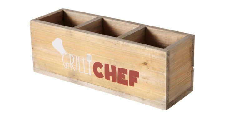 Box Grillzeit 10 cm mit drei Fächern, "GRILL CHEF" in weißer und roter Schrift an der Seite.