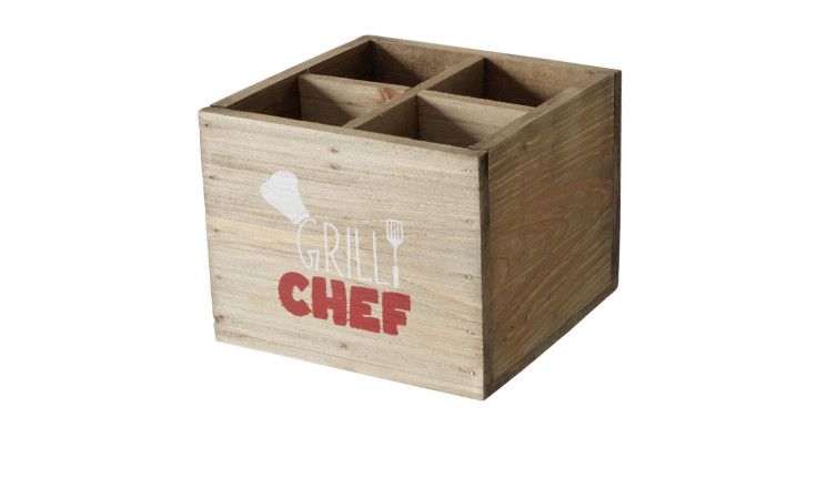 Die Box Grillzeit 12 cm ist eine Holzbox mit 4 Fächern, 15x15x12 cm, beschriftet mit Grill Chef in weiß und rot.