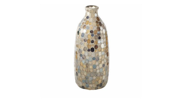 Vase Kemis 32,5 cm: Hohe Vase aus Mosaikglas mit schmalem Hals, beige, braun, grau und weißen Kreismustern.