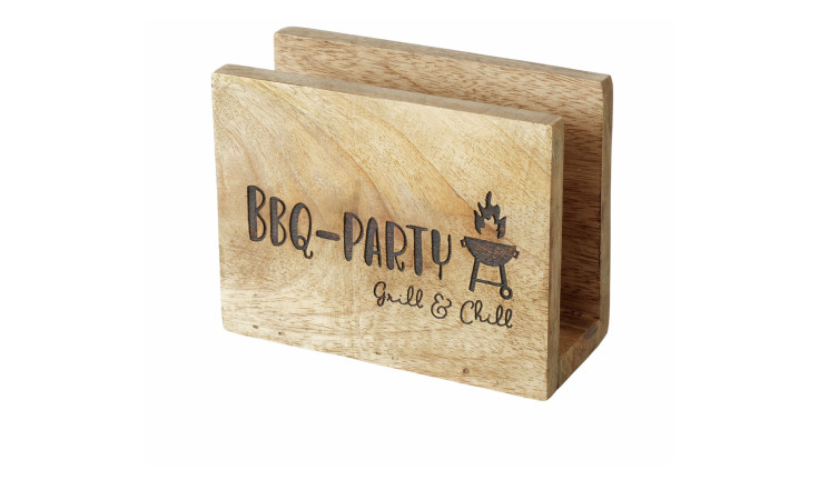 Serviettenhalter BBQ, 13x10x6 cm, mit "Grill & Chill" und Grillmotiv auf der Vorderseite graviert.