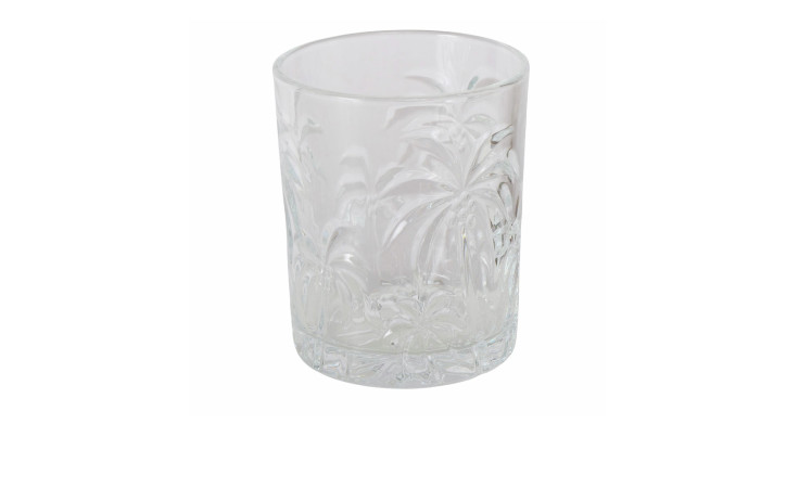 Trinkglas Lapalma: Transparenter Glasbecher mit geätztem Palmenmotiv, ideal für eine stilvolle Dekoration.