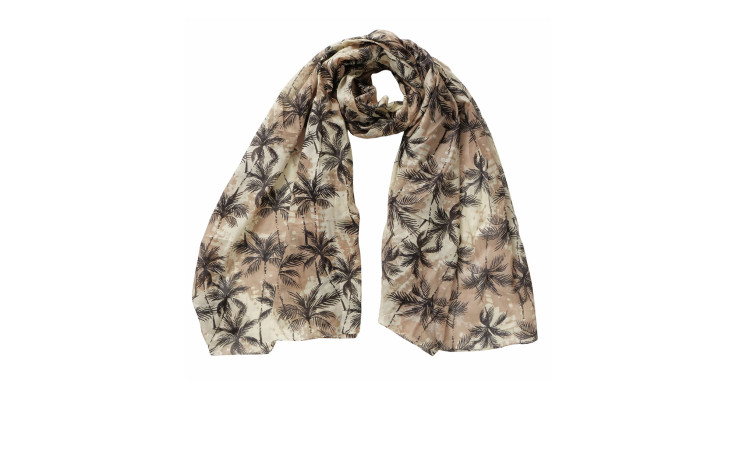 Halstuch Palma 180 cm in beige mit schwarzem Palmenmuster, locker gefaltet auf einfarbig weißem Untergrund.
