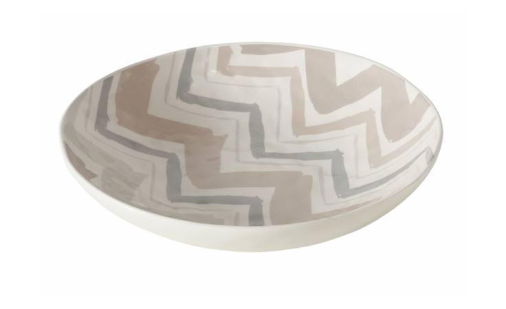 Eine flache Schale Dolomit, 33 cm breit, mit einem beigen und grauen Zickzackmuster im Inneren.