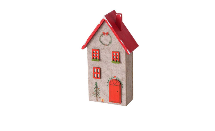 Boltze Haus Casata 24,2 cm: kleines Holzhaus mit rotem Dach, roter Tür und weihnachtlicher Fassadengestaltung.