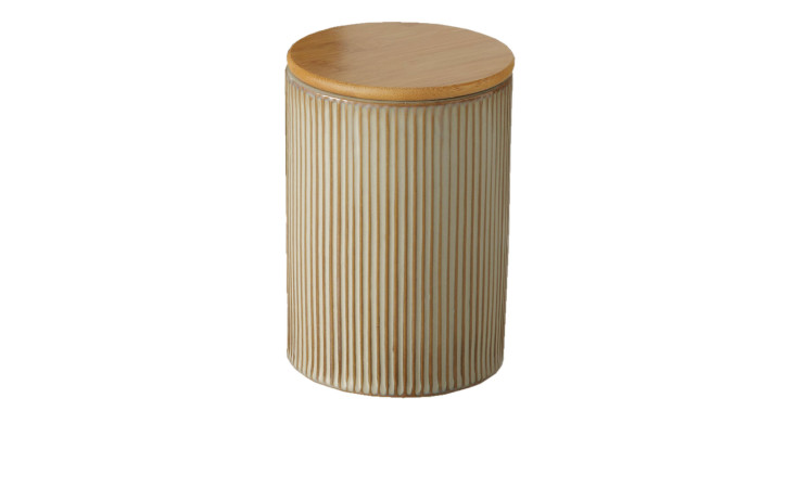 Boltze Vorratsdose Marony, 21 cm, beige gerippter Kanister mit rundem Holzdeckel, abgebildet auf weißem Hintergrund.