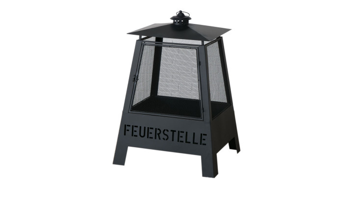 Boltze Feuerkorb Nolde 100 cm Outdoor-Feuerstelle mit Netzseiten und FEUERSTELLE-Ausschnitt auf der stabilen Frontplatte.