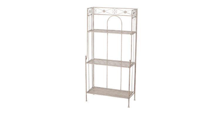 Das Boltze Regal Moria ist ein dreistöckiges Metallregal mit dekorativem Deckel und Seiten, das auf vier Beinen steht.