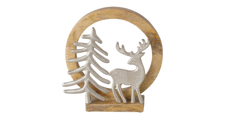 Aufsteller 27 cm mit einem runden Rahmen aus Holz und silbernen Figuren aus Aluminium.