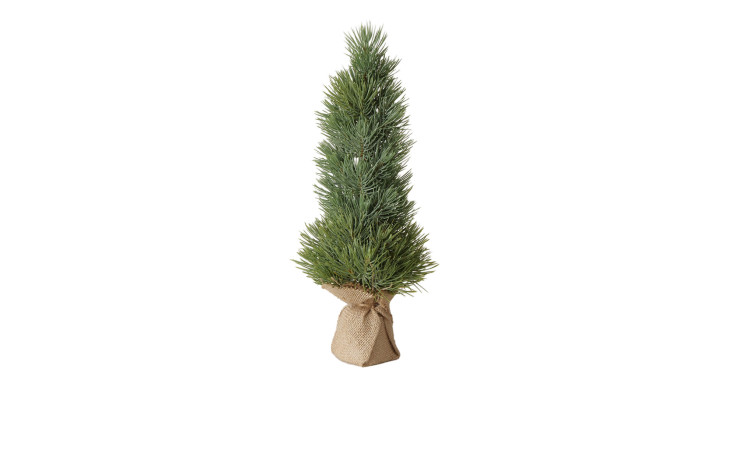 Baum 42 cm mit einer grünen Tanne aus Kunststoff die umwickelt mit einem braunen Jutestoff ist.