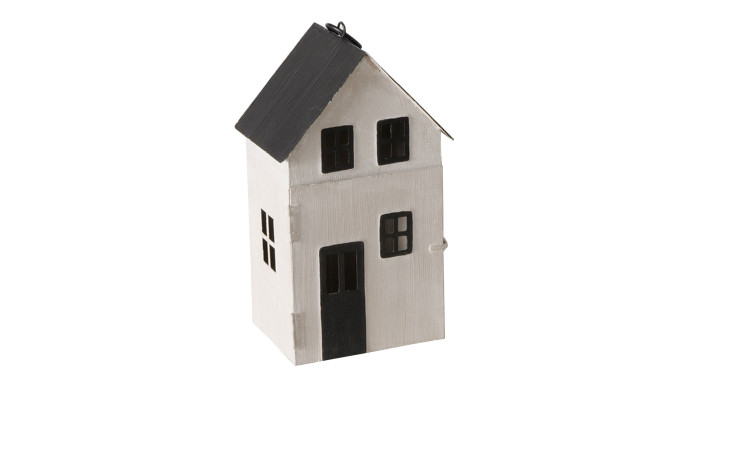 Das Laterne Homewood 21 cm ist ein kleines, weißes Modellhaus mit einem schwarzen Dach, schwarzen Fenstern und einer schwarzen Tür.
