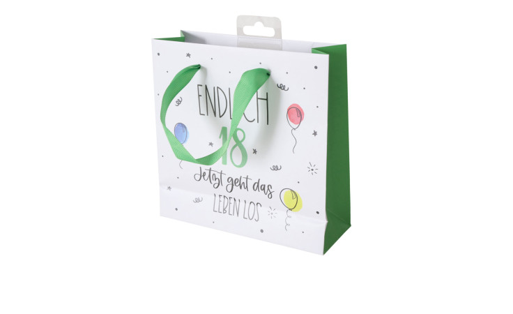 Eine mehrfarbige Geschenktüte 17 cm in weiß und grün mit Luftballons und deutschem Text für einen 18. Geburtstag.