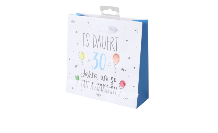 Geschenktüte 17 cm: Weiß-blaue Geschenktüte mit deutschem Text, bunten Luftballons, Sternen und "30 Jahre".