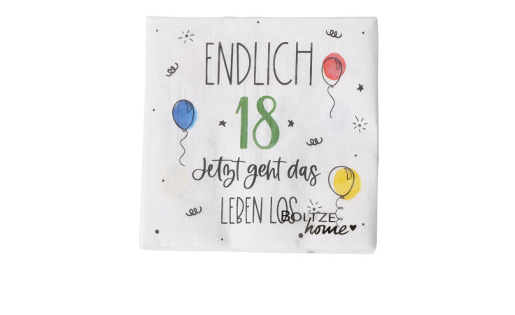Das Servietten-Set 16,5 x 16,5 cm, 20-tlg. ist eine bunte Deko mit Ballons und "Endlich 18" in verspielter Schrift.