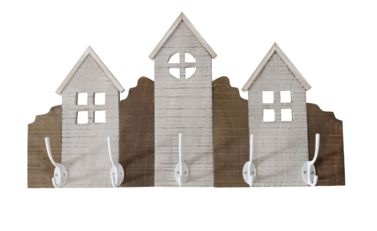 Wandmontierter Garderobenhaken Skagen 59,5 cm mit weißen Metallhaken und einem rustikalen Holzhausdesign.