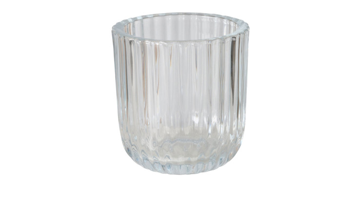 Das Windlicht Sikel 7,80 cm ist ein transparenter, gerippter Glasbecher mit zylindrischer Form auf weißem Hintergrund.
