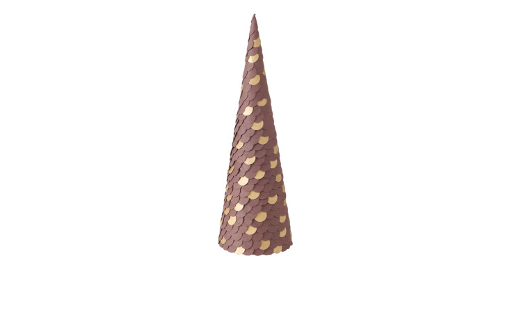 Ein Weihnachtsbaum Rogoll 46 cm, kegelförmig mit überlappenden braunen und goldenen Schuppen, auf weißem Hintergrund.