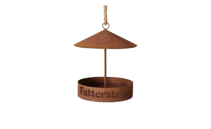 Vogelfutterstation Maggie 16 x 19 cm: Hängende Vogelfutterstation aus rostbraunem Metall mit kegelförmigem Dach und Ausschnitt "Futterstelle".