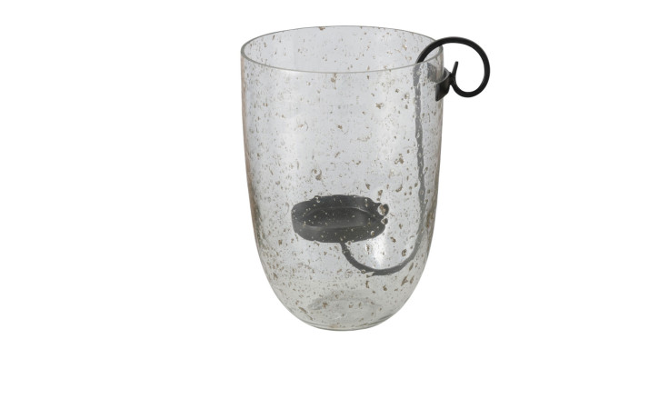 Windlicht Bobla: Transparente Glaslaterne mit gesprenkelter Textur und einem schwarzen Kerzenhalter aus Metall im Inneren.