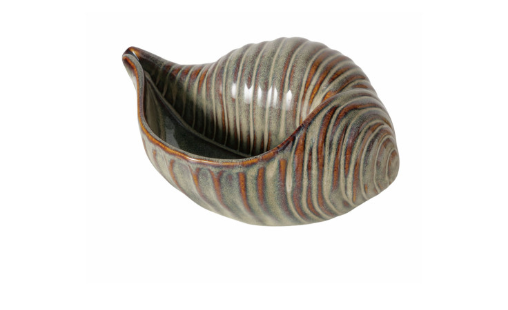 Muschel Skal: Keramikschale in Muschelform mit braun-grau gestreifter Glasur.