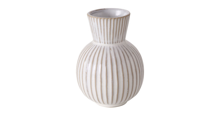 Vase Deborah, 17 cm hoch, weiß, vertikale beige Rillen, runder Körper, schmaler ausgestellter Hals.