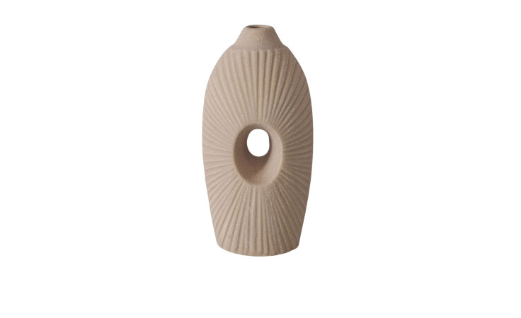 Vase Daniela: Beige Keramikvase mit brauner Struktur, rundem Loch - ideal als Dekoration vor weißem Hintergrund.