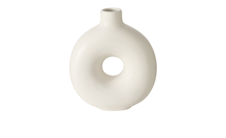 Vase Lanyo: Weiße Keramikvase in runder Donutform mit Loch, stilvolle Deko für jedes Zuhause.