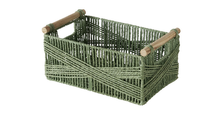 Korb Cesto: Grüner rechteckiger Korb, natürliche Materialien, Holzgriffe, gekreuzte Seiten.