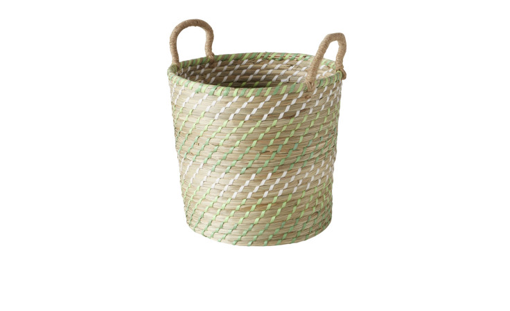 Korb Cesto: geflochtener Korb mit grünen, weißen und hellbraunen Streifen, zwei Seilgriffen, auf weißem Grund.