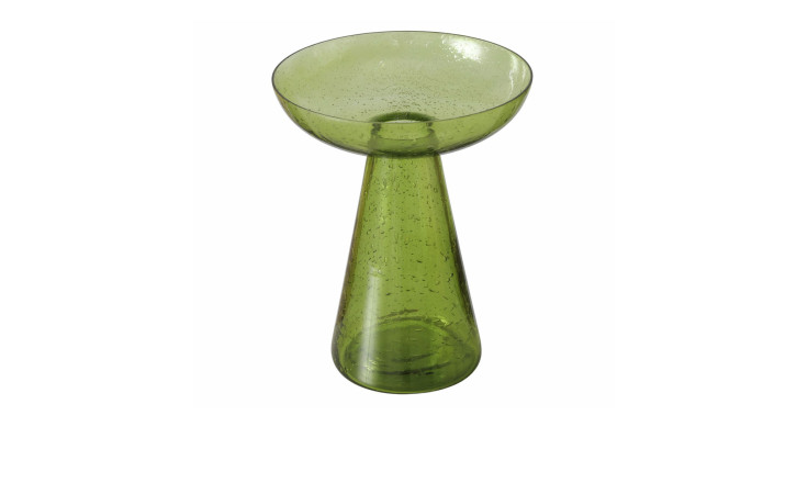 Vase, 20 cm, aus hellgrünem Glas, mit breitem, rundem Oberteil und hohem, schmalem, konischem Fuß, auf weißem Grund.