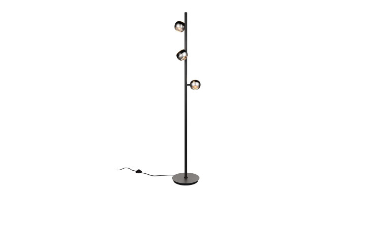 LED-Stehleuchte Orbit 150 cm: schwarze Metall-Stehleuchte mit 3 verstellbaren Lichtern, sichtbarem Kabel, passend für verschiedene Leuchtmittel.