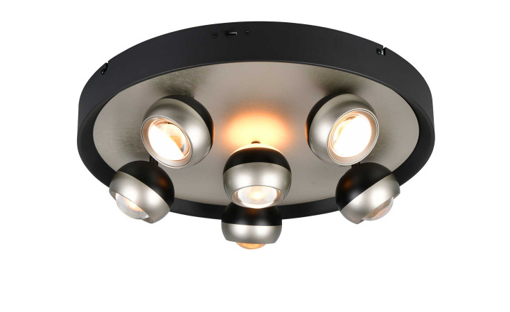 Trio LED-Deckenleuchte Orbit 50 cm: Sechs verstellbare Spots, Silber Metall, Leuchtmittel inklusive.