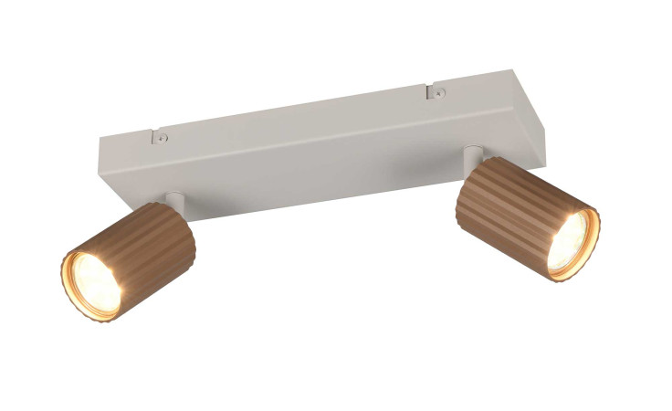 Die Trio Strahler Soka 30 cm besteht aus einer rechteckigen Metall-Deckenleuchte mit zwei verstellbaren, gerippten Braun-Spots.
