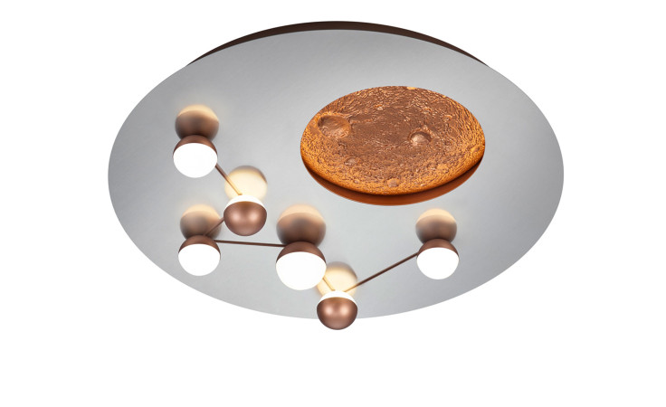 Die Trio LED-Deckenleuchte Zodiac 50 cm verfügt über kugelförmige Glühbirnen und ein kreisförmiges Element in Form eines strukturierten Kupfermondes.