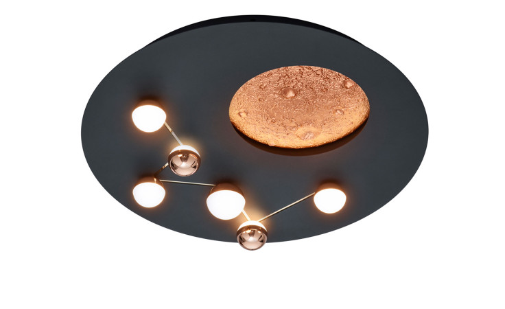 Die Trio LED-Deckenleuchte Zodiac 50 cm verfügt über leuchtende Glühbirnen und elegantes Schwarzmetall mit einem mondähnlichen Zentrum aus Kupfer.