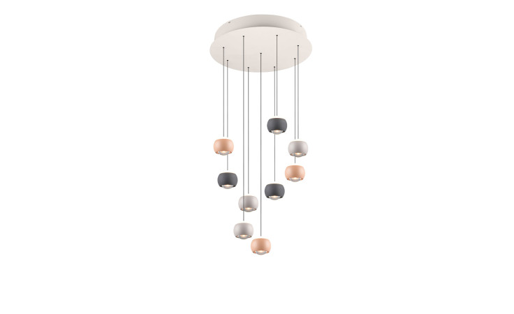 Die Musterring LED-Pendelleuchte MR-Cannon 54 cm verfügt über neun hängende Glühbirnen in Grau, Beige und Taupe.