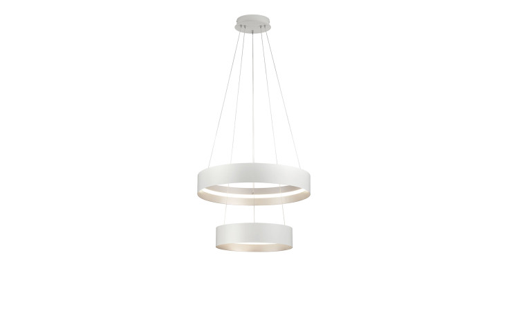 Musterring LED-Pendelleuchte MR-Loop 150 cm: Moderne weiße Pendelleuchte mit zwei LED-Ringen und Metallakzenten, für die Deckenmontage.