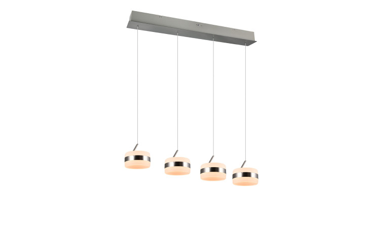 Moderne LED-Pendelleuchte Dios 85 cm von Trio, silberfarben aus Metall mit vier Zylindern, inkl. Leuchtmittel. Leuchtmittel.