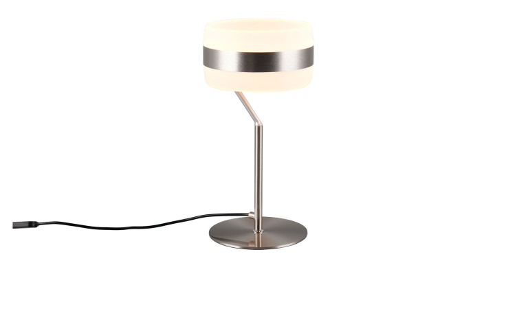 Die Trio LED-Tischleuchte Dios 30 cm hat einen zylindrischen weißen Schirm, ein Metallband und einen silberfarbenen Sockel.